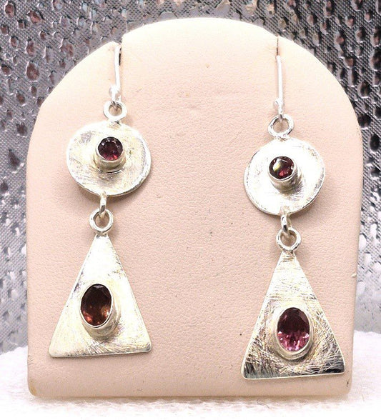 Pink Tourmaline Circle and Triangle Earrings